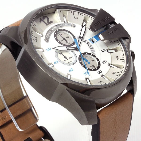 Diesel DZ4280 Mega Chief Chronograph Men's Watch – White Dial & Brown Leather Strap